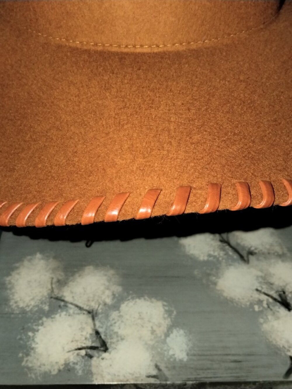 Wide Brim Hat, Cognac Wool with Faux Leather Trim by Phase 3, Boho Chic - Picture 3 of 10